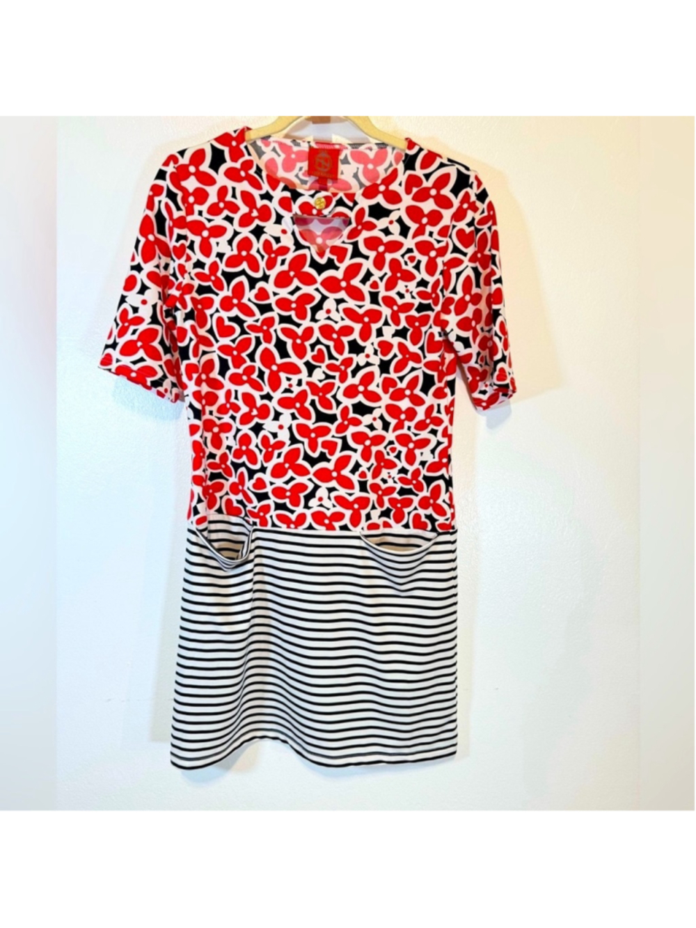 Tracy Negoshian Red and Black Floral and striped Mini Dress